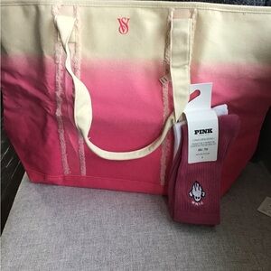 PINK Victoria's Secret Pink and Cream Tote with PINK sock set